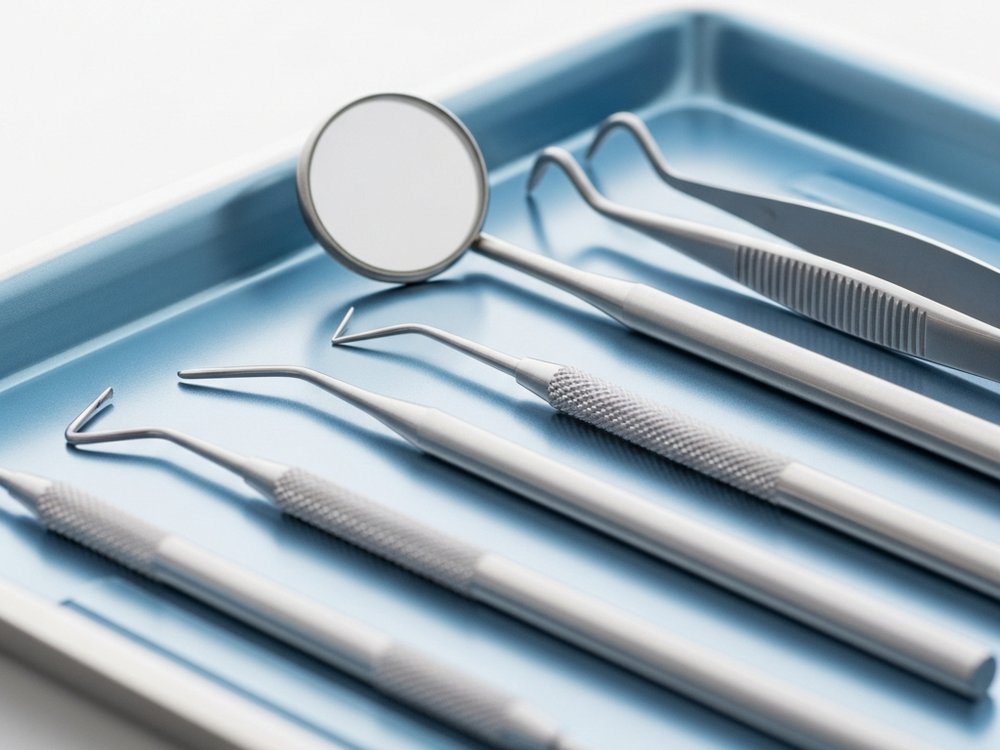 Dental instruments laid out on a tray