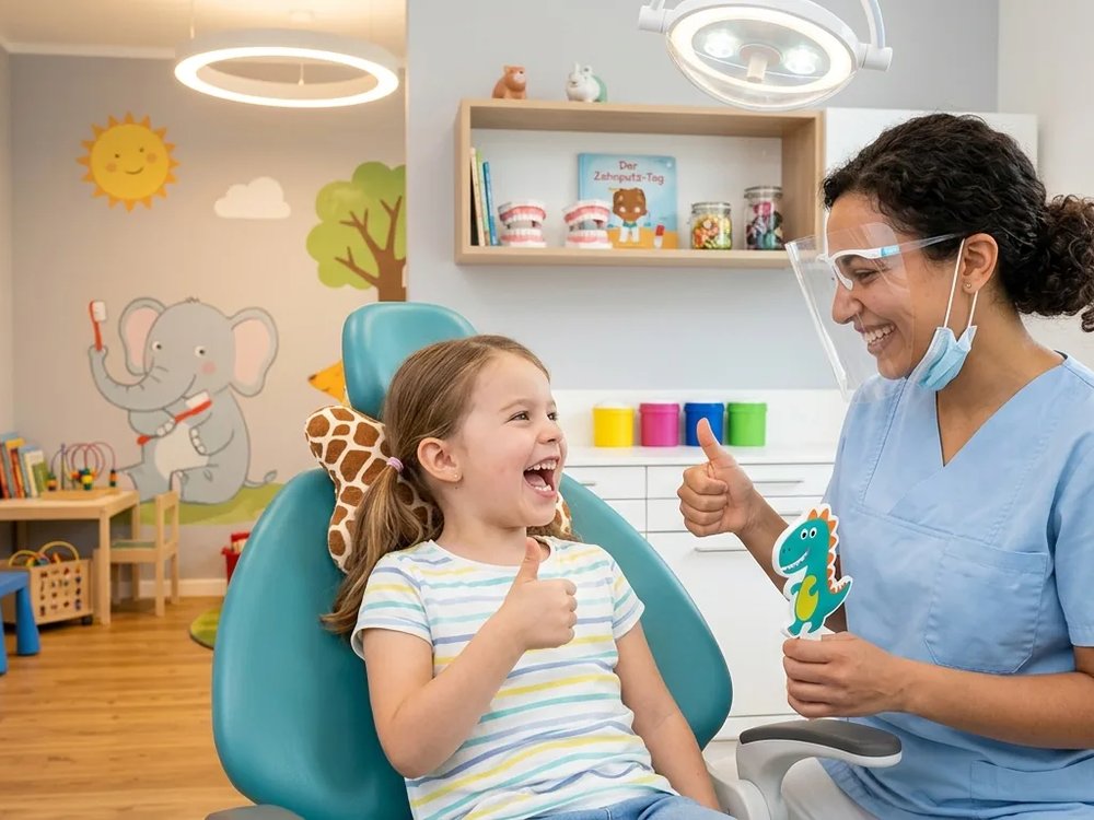 A child giving a thumbs-up at the dentist