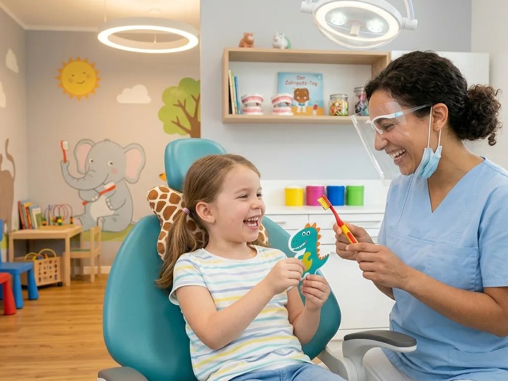 Kind lacht met de tandarts in een kindvriendelijke praktijk