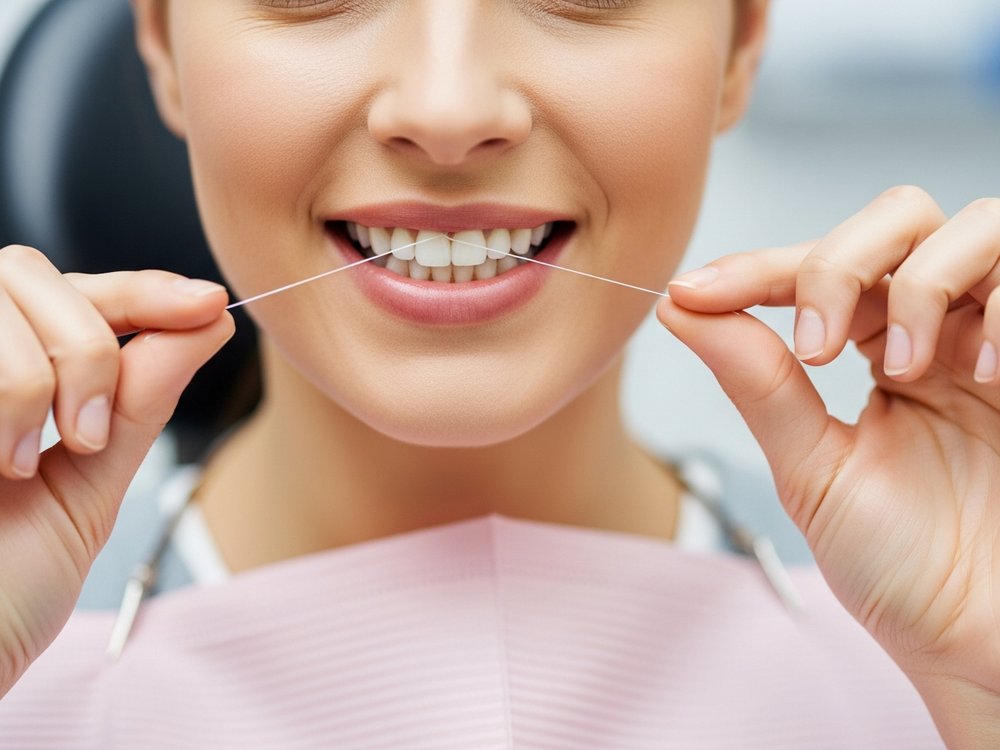 A patient using dental floss as part of daily oral hygiene