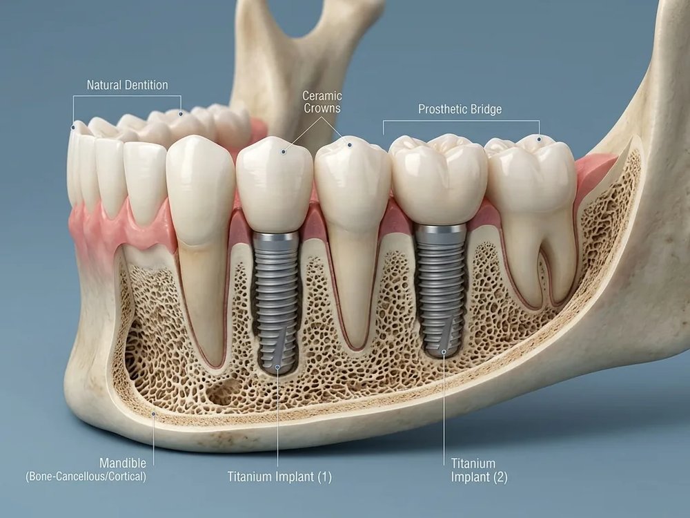 Çene kemiğinde köprü ve kronlarla birlikte implantlar