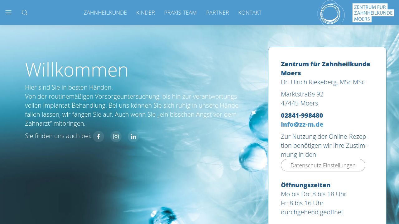 Startseite der Internetseite von Zentrum f&uuml;r Zahnheilkunde Moers   Dr. Ulrich Riekeberg & Partner