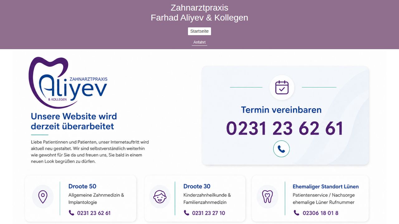 Startseite der Internetseite von Zahnarztpraxis Farhad Aliyev