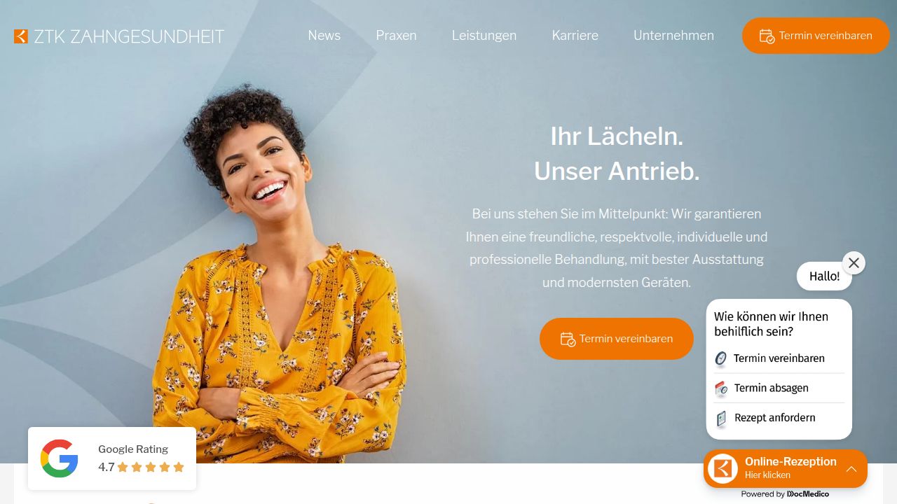 Startseite der Internetseite von Zahn&auml;rztliche Tagesklinik  Dr. Eichenseer MVZ II GmbH