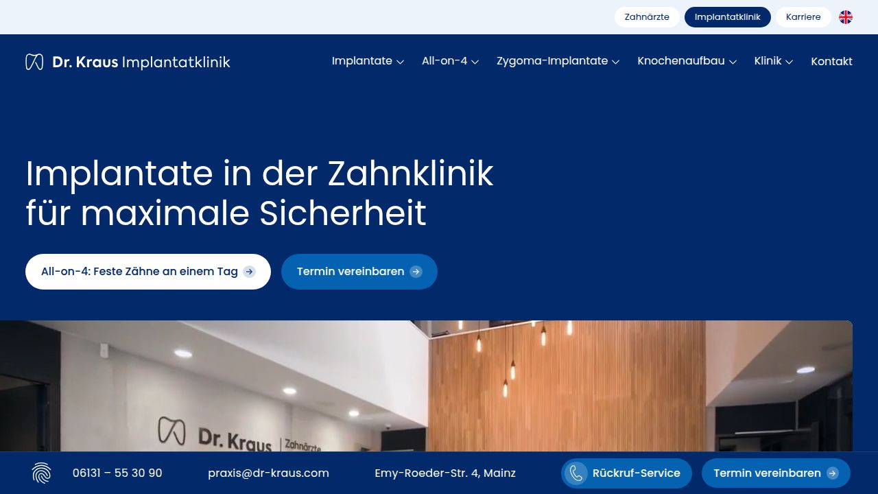 Startseite der Internetseite von Dr. Kraus Zahn&auml;rzte + Implantatklinik Dr. Daniel Kraus M.Sc. M.Sc.